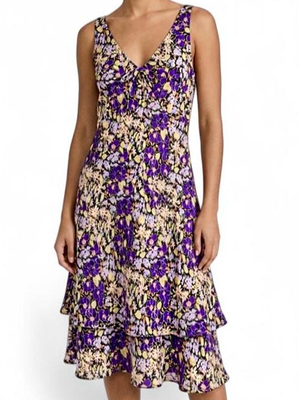 Vintage 90s Karin Stevens Ditsy Floral Tiered Midi Dress Purple Lavender & Green